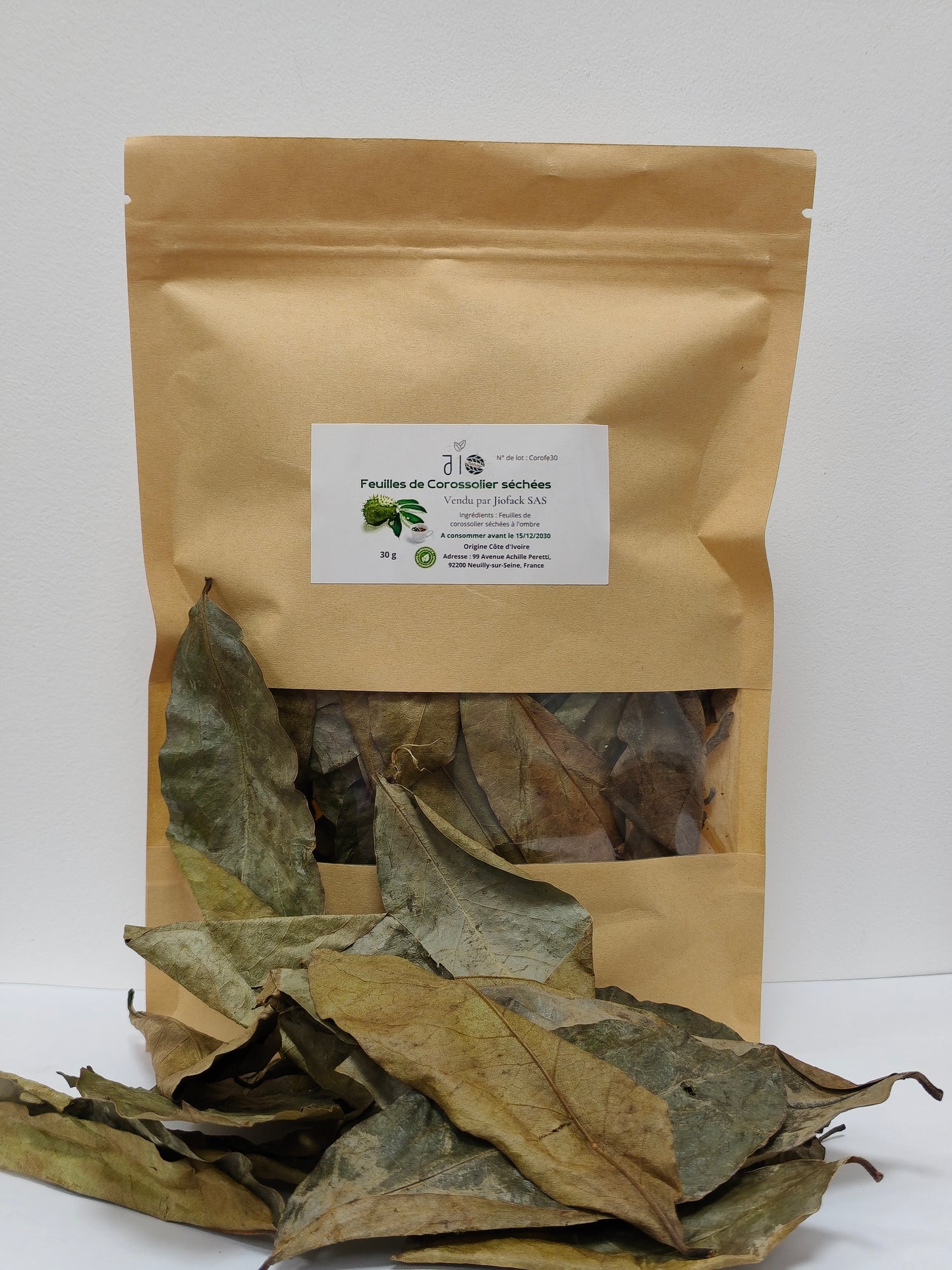 30g – Feuilles de Corossolier séchées – Annona muricata – Sélection Jio nature – Sachet refermable